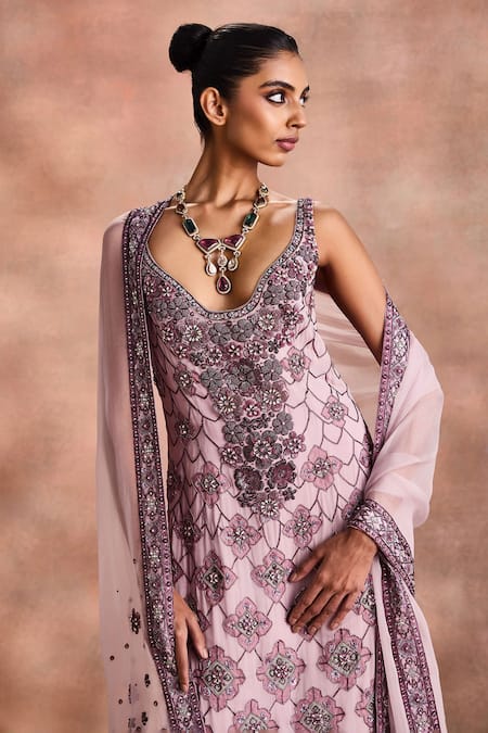 Supria Munjal_Purple Georgette Embroidery, Beads, Sequins Scoop Embellished Kurta Sharara Set _Online_at_Aza_Fashions