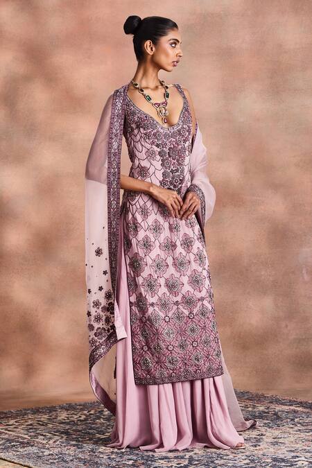 Buy_Supria Munjal_Purple Georgette Embroidery, Beads, Sequins Scoop Embellished Kurta Sharara Set _Online_at_Aza_Fashions
