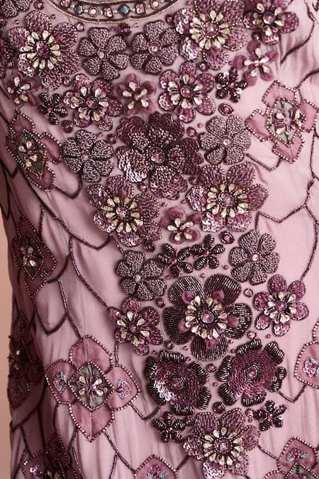 Supria Munjal_Purple Georgette Embroidery, Beads, Sequins Scoop Embellished Kurta Sharara Set _at_Aza_Fashions