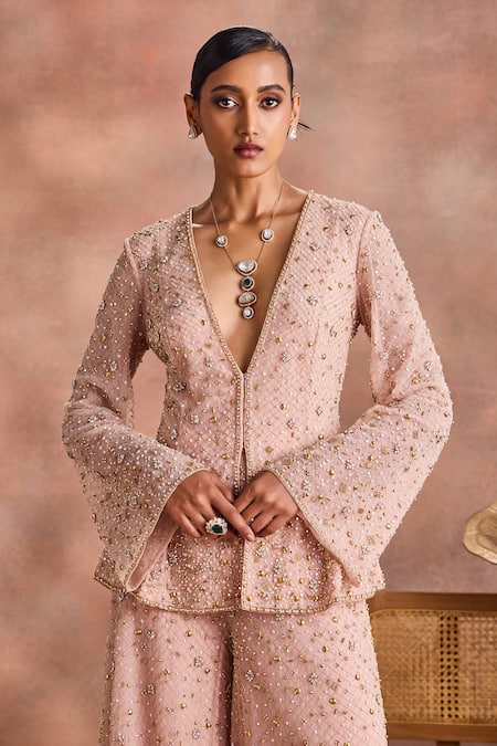 Supria Munjal_Pink Net Sequins, Beads V-neck Shimmer Jacket And Sharara Co-ord Set _Online_at_Aza_Fashions