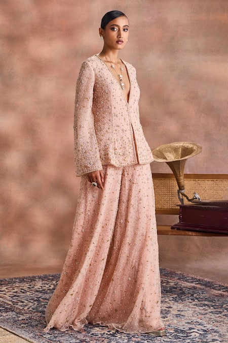 Buy_Supria Munjal_Pink Net Sequins, Beads V-neck Shimmer Jacket And Sharara Co-ord Set _Online_at_Aza_Fashions