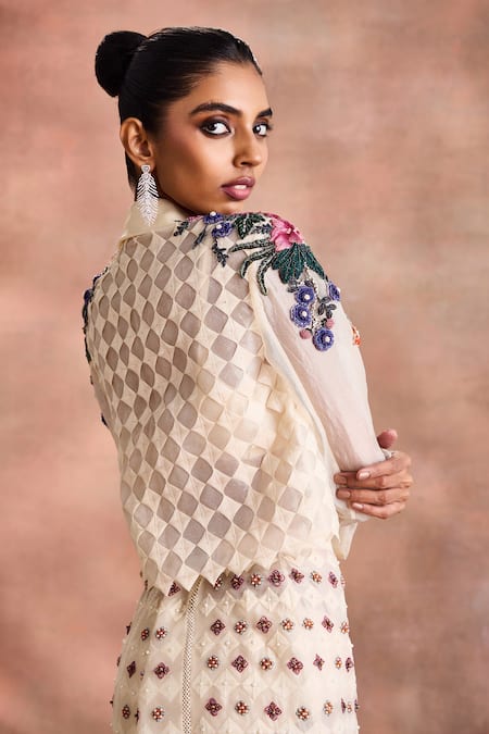 Supria Munjal_Off White Silk Organza Beads, Sequins, Stones, Cropped Jacket And Skirt Set _Online_at_Aza_Fashions