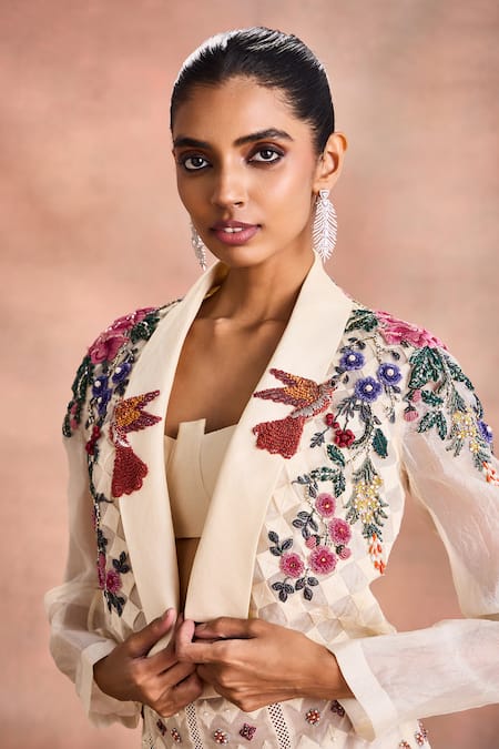 Buy_Supria Munjal_Off White Silk Organza Beads, Sequins, Stones, Cropped Jacket And Skirt Set _Online_at_Aza_Fashions