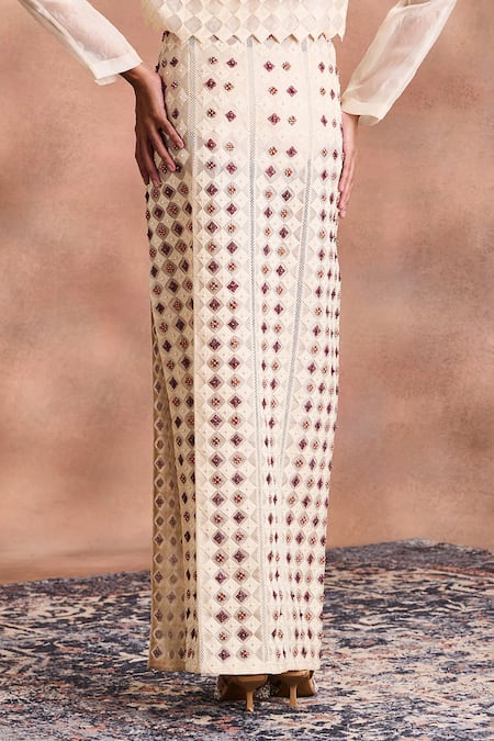 Shop_Supria Munjal_Off White Silk Organza Beads, Sequins, Stones, Cropped Jacket And Skirt Set _Online_at_Aza_Fashions