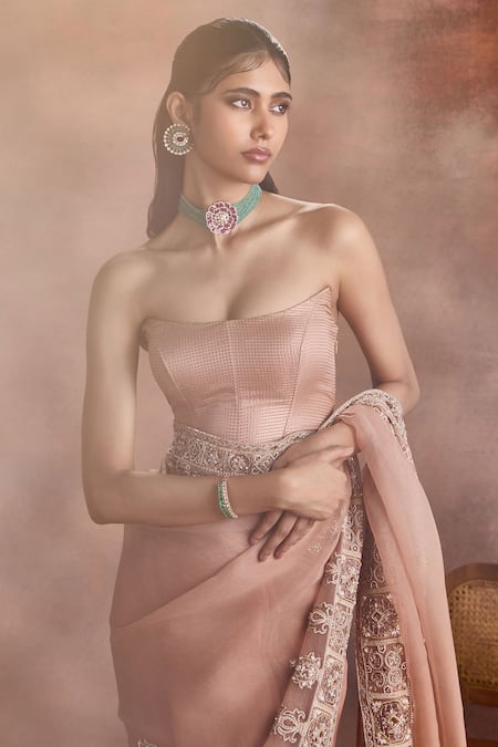 Supria Munjal Beige Silk Organza Embroidery, Zari Bandeau Sheer Pre-draped Saree With Corset Online at Aza Fashions Supria Munjal_Beige Silk Organza Embroidery, Zari Bandeau Sheer Pre-draped Saree With Corset _Online_at_Aza_Fashions