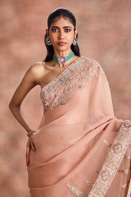 Buy Supria Munjal Beige Silk Organza Embroidery, Zari Bandeau Sheer Pre-draped Saree With Corset Online at Aza Fashions Buy_Supria Munjal_Beige Silk Organza Embroidery, Zari Bandeau Sheer Pre-draped Saree With Corset _Online_at_Aza_Fashions