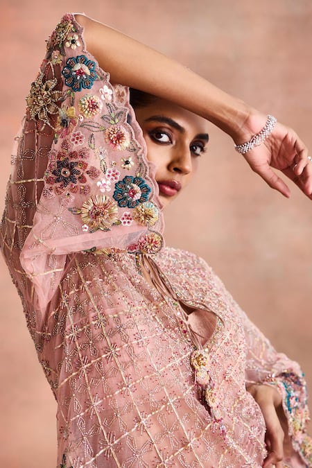 Supria Munjal_Pink Net, Tissue Embroidery, Beads, Sequins, Sheer Kurta Ombre Sharara Set _Online_at_Aza_Fashions
