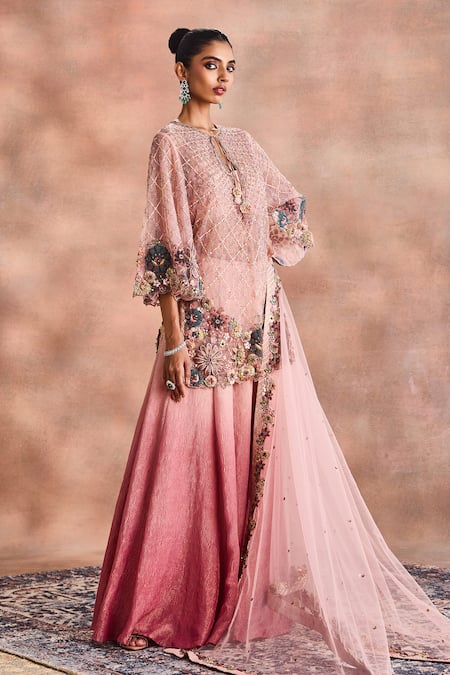 Buy_Supria Munjal_Pink Net, Tissue Embroidery, Beads, Sequins, Sheer Kurta Ombre Sharara Set _Online_at_Aza_Fashions
