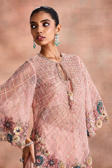 Shop_Supria Munjal_Pink Net, Tissue Embroidery, Beads, Sequins, Sheer Kurta Ombre Sharara Set _Online_at_Aza_Fashions