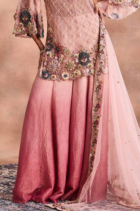 Supria Munjal_Pink Net, Tissue Embroidery, Beads, Sequins, Sheer Kurta Ombre Sharara Set _at_Aza_Fashions