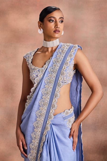 Supria Munjal_Blue Silk, Crepe Embroidery, Beads, Scalloped Edge Saree With Embellished Blouse _Online_at_Aza_Fashions