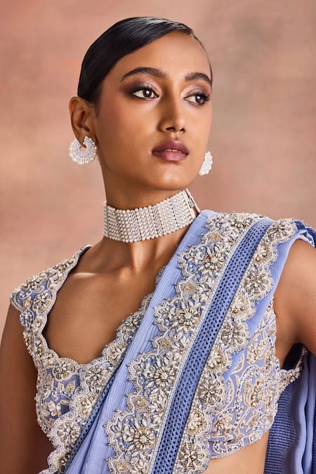 Shop_Supria Munjal_Blue Silk, Crepe Embroidery, Beads, Scalloped Edge Saree With Embellished Blouse _Online_at_Aza_Fashions