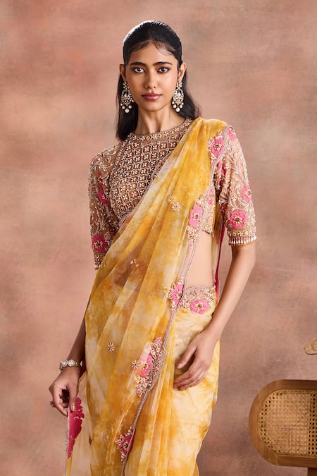 Supria Munjal_Yellow Net Embroidery, Sequins, Stones, Pearls, Tie And Dye Saree With Blouse _Online_at_Aza_Fashions