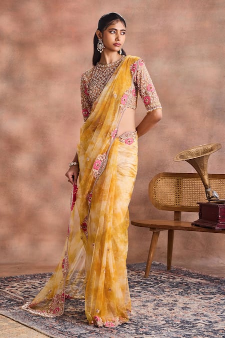 Buy_Supria Munjal_Yellow Net Embroidery, Sequins, Stones, Pearls, Tie And Dye Saree With Blouse _Online_at_Aza_Fashions