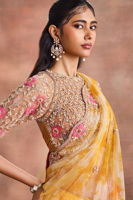 Supria Munjal_Yellow Net Embroidery, Sequins, Stones, Pearls, Tie And Dye Saree With Blouse _at_Aza_Fashions