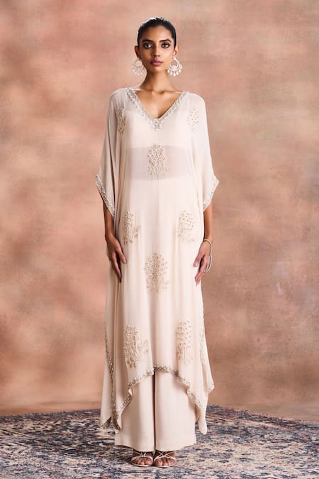 Buy_Supria Munjal_White Georgette, Satin, Modal Embroidery, Beads V-neck, Tonal Kaftan And Pant Set _Online_at_Aza_Fashions