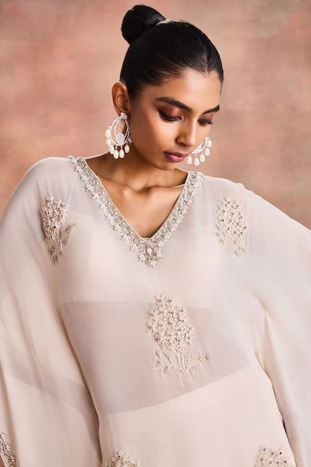 Shop_Supria Munjal_White Georgette, Satin, Modal Embroidery, Beads V-neck, Tonal Kaftan And Pant Set _Online_at_Aza_Fashions