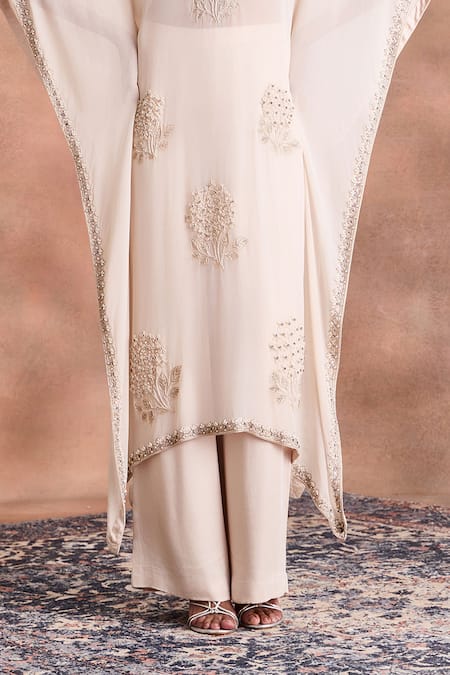 Supria Munjal_White Georgette, Satin, Modal Embroidery, Beads V-neck, Tonal Kaftan And Pant Set _at_Aza_Fashions