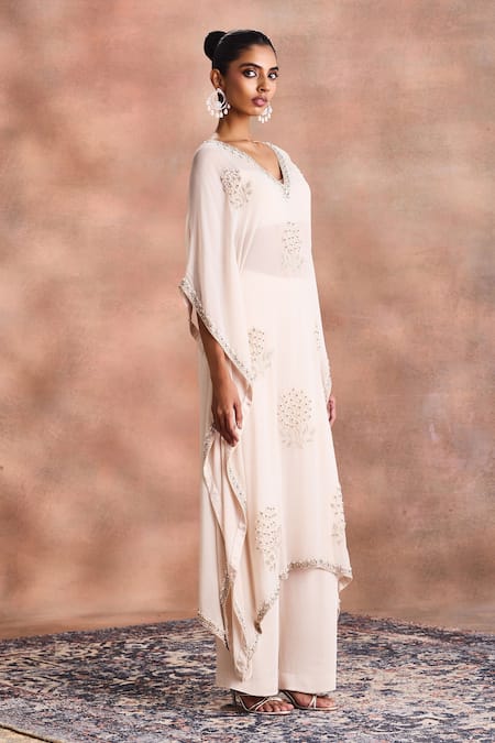 Buy_Supria Munjal_White Georgette, Satin, Modal Embroidery, Beads V-neck, Tonal Kaftan And Pant Set 