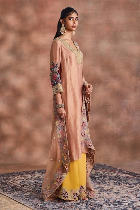Supria Munjal_Beige Tissue Embroidery, Beads, Metallic Thread, Cut Neckline Kurta Palazzo Set _Online_at_Aza_Fashions