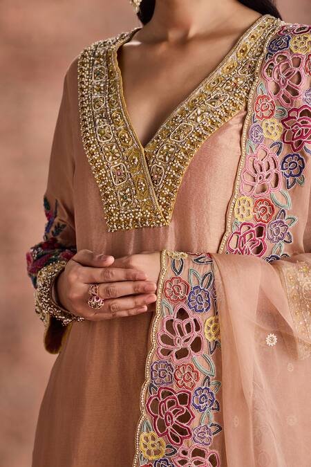 Shop_Supria Munjal_Beige Tissue Embroidery, Beads, Metallic Thread, Cut Neckline Kurta Palazzo Set _Online_at_Aza_Fashions