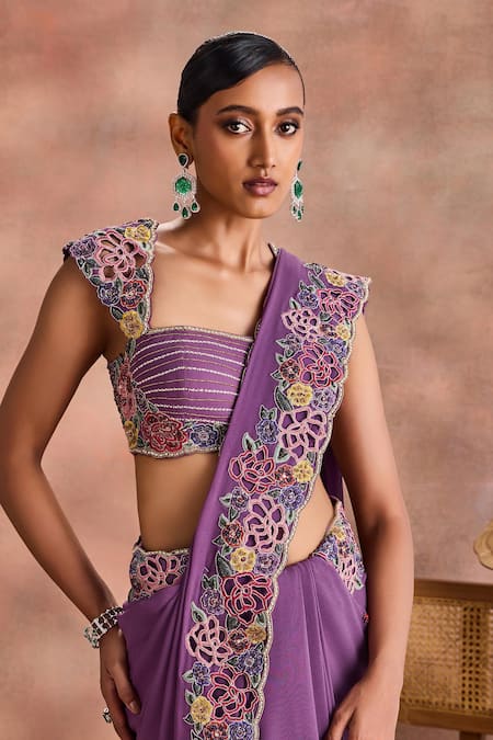 Supria Munjal_Purple Silk, Georgette Cut Work, Embroidery, Cutwork Floral Saree With Blouse _Online_at_Aza_Fashions