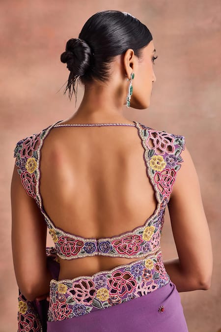Buy_Supria Munjal_Purple Silk, Georgette Cut Work, Embroidery, Cutwork Floral Saree With Blouse _Online_at_Aza_Fashions