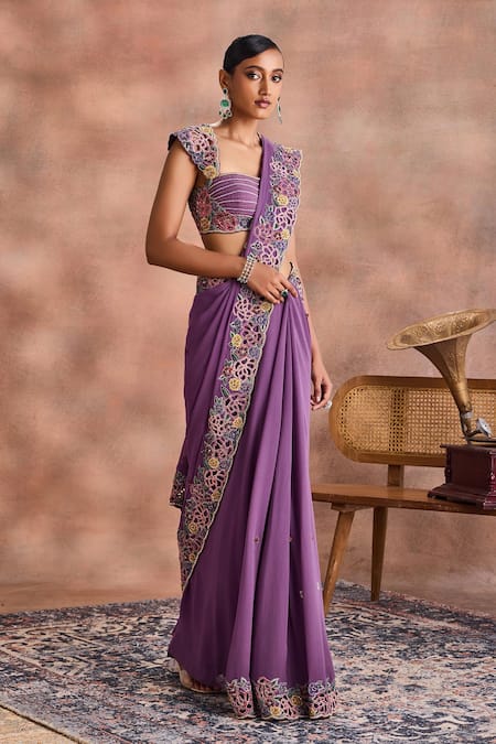 Shop_Supria Munjal_Purple Silk, Georgette Cut Work, Embroidery, Cutwork Floral Saree With Blouse _Online_at_Aza_Fashions