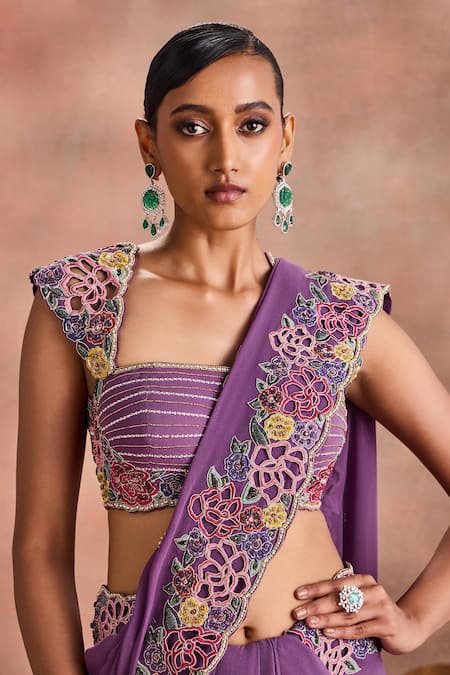 Supria Munjal_Purple Silk, Georgette Cut Work, Embroidery, Cutwork Floral Saree With Blouse _at_Aza_Fashions