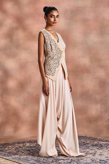 Buy_Supria Munjal_White Chanderi, Satin Beads, Embroidery, Metallic Top And Draped Dhoti Pant Set _Online_at_Aza_Fashions