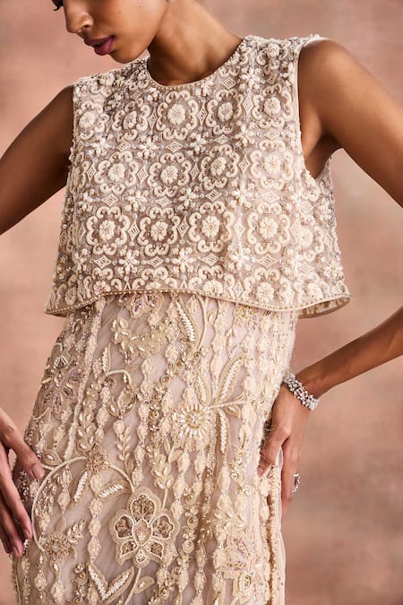 Supria Munjal_White Tulle Embroidery, Beads, Sequins Round Neck Embellished Column Gown _Online_at_Aza_Fashions