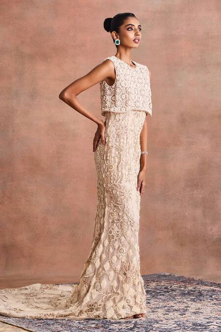 Buy_Supria Munjal_White Tulle Embroidery, Beads, Sequins Round Neck Embellished Column Gown _Online_at_Aza_Fashions