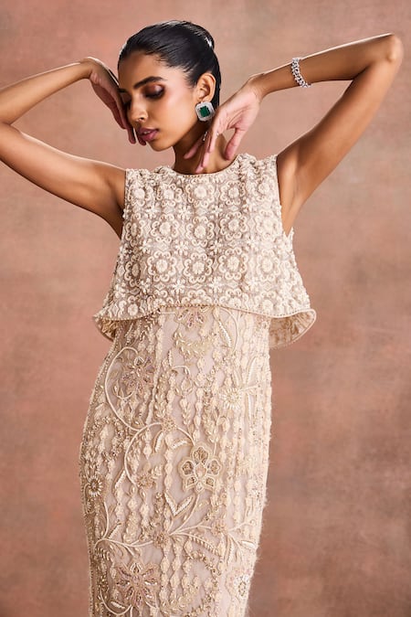 Shop_Supria Munjal_White Tulle Embroidery, Beads, Sequins Round Neck Embellished Column Gown _Online_at_Aza_Fashions