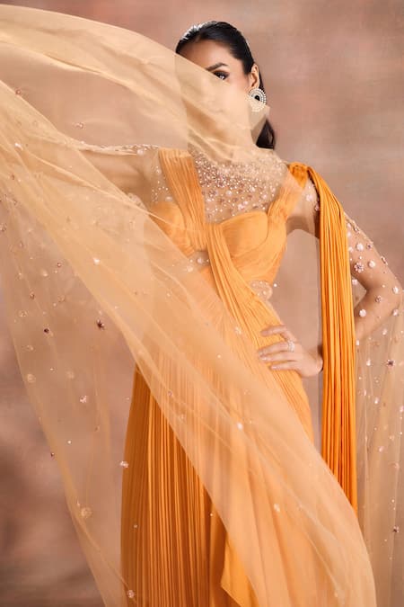 Supria Munjal_Yellow Silk, Chiffon, Net Sequins, Beads Choker Neck Fluid Draped Saree Gown _Online_at_Aza_Fashions