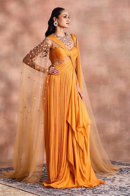 Shop_Supria Munjal_Yellow Silk, Chiffon, Net Sequins, Beads Choker Neck Fluid Draped Saree Gown _Online_at_Aza_Fashions