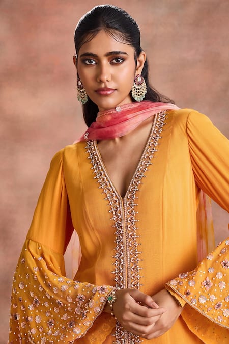 Supria Munjal_Yellow Georgette Embroidery, Sequins V-neck Bell Sleeve Kurta Palazzo Set _Online_at_Aza_Fashions