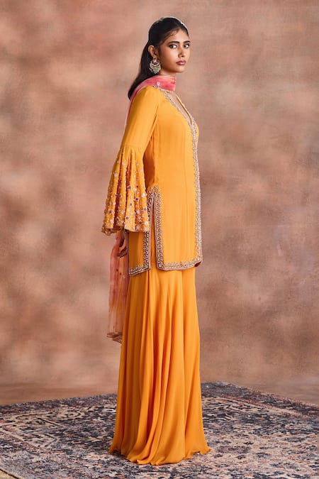 Buy_Supria Munjal_Yellow Georgette Embroidery, Sequins V-neck Bell Sleeve Kurta Palazzo Set _Online_at_Aza_Fashions
