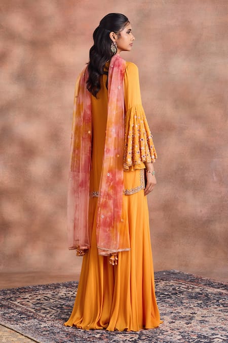 Shop_Supria Munjal_Yellow Georgette Embroidery, Sequins V-neck Bell Sleeve Kurta Palazzo Set _Online_at_Aza_Fashions