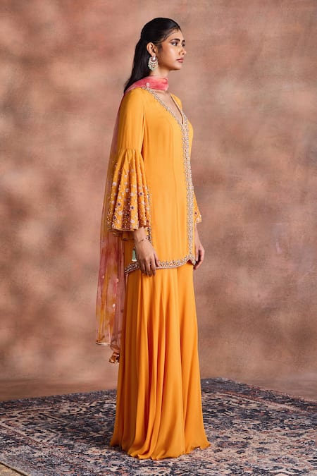 Supria Munjal_Yellow Georgette Embroidery, Sequins V-neck Bell Sleeve Kurta Palazzo Set _at_Aza_Fashions
