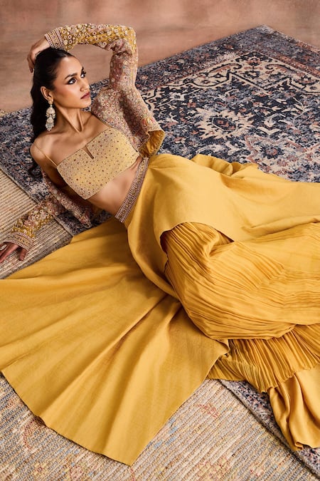 Buy Supria Munjal Yellow Tissue, Chanderi, Georgette Beads, Embroidered Cropped Jacket Lehenga Set Online at Aza Fashions Buy_Supria Munjal_Yellow Tissue, Chanderi, Georgette Beads, Embroidered Cropped Jacket Lehenga Set _Online_at_Aza_Fashions