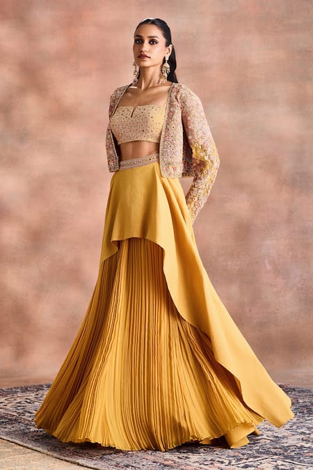 Shop Supria Munjal Yellow Tissue, Chanderi, Georgette Beads, Embroidered Cropped Jacket Lehenga Set Online at Aza Fashions Shop_Supria Munjal_Yellow Tissue, Chanderi, Georgette Beads, Embroidered Cropped Jacket Lehenga Set _Online_at_Aza_Fashions