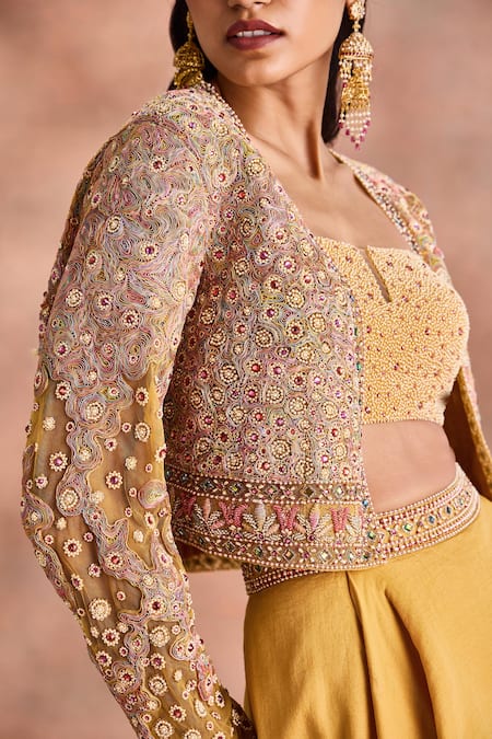 Supria Munjal Yellow Tissue, Chanderi, Georgette Beads, Embroidered Cropped Jacket Lehenga Set at Aza Fashions Supria Munjal_Yellow Tissue, Chanderi, Georgette Beads, Embroidered Cropped Jacket Lehenga Set _at_Aza_Fashions