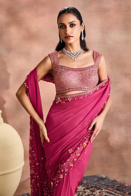 Supria Munjal_Magenta Georgette Sequins, Stones, Beads Embellished Sheer Saree With Blouse _Online_at_Aza_Fashions