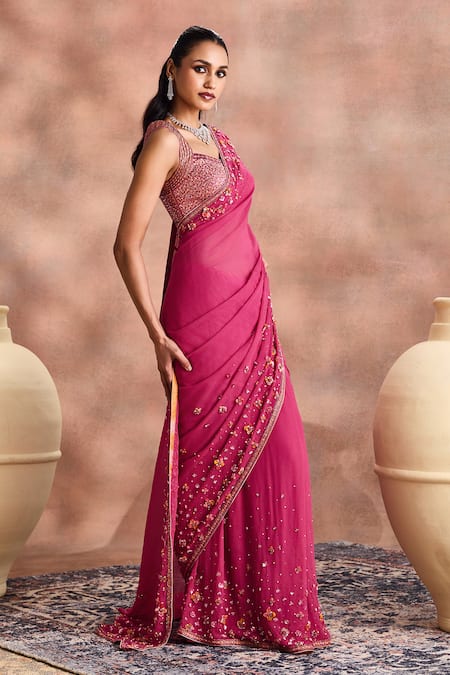 Buy_Supria Munjal_Magenta Georgette Sequins, Stones, Beads Embellished Sheer Saree With Blouse _Online_at_Aza_Fashions