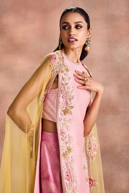 Buy_Supria Munjal_Pink Chanderi Silk Embroidery, Sequins, Zari Floral Straight Kurta Palazzo Set _Online_at_Aza_Fashions