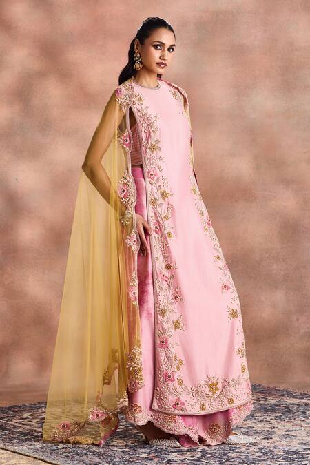 Shop_Supria Munjal_Pink Chanderi Silk Embroidery, Sequins, Zari Floral Straight Kurta Palazzo Set _Online_at_Aza_Fashions