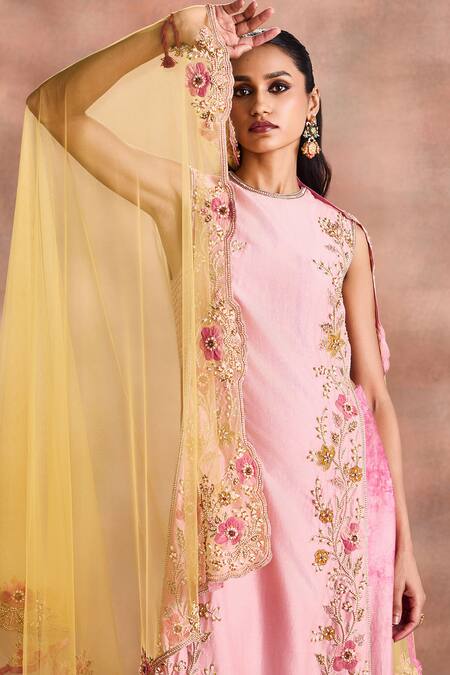Supria Munjal_Pink Chanderi Silk Embroidery, Sequins, Zari Floral Straight Kurta Palazzo Set _at_Aza_Fashions