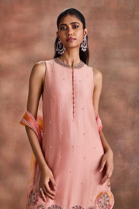 Supria Munjal_Pink Chanderi Silk Beads, Embroidery Round Neck Circular Kurta Set _Online_at_Aza_Fashions