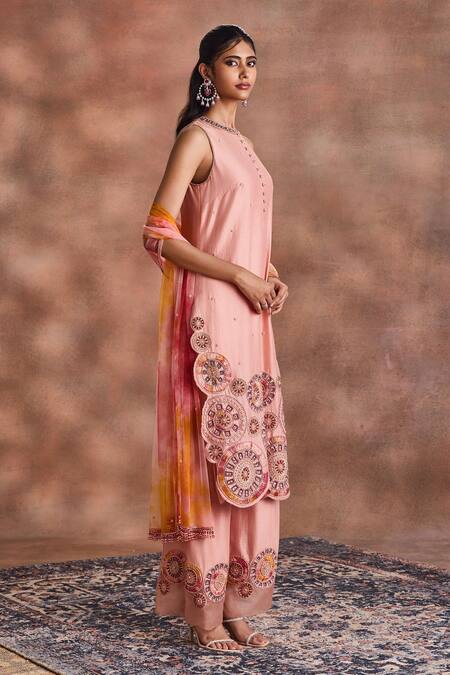 Buy_Supria Munjal_Pink Chanderi Silk Beads, Embroidery Round Neck Circular Kurta Set _Online_at_Aza_Fashions