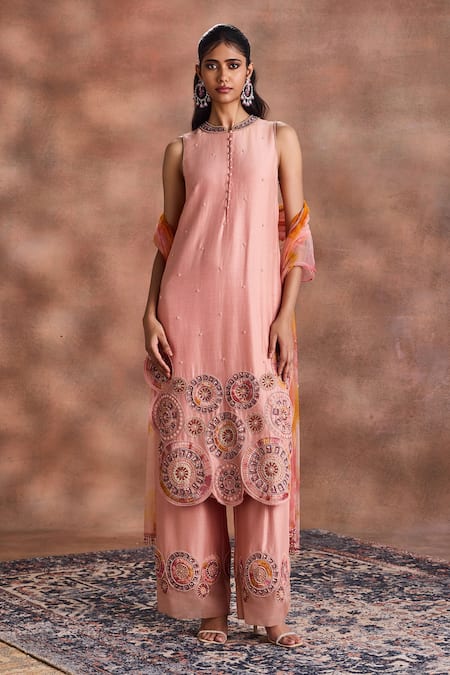 Shop_Supria Munjal_Pink Chanderi Silk Beads, Embroidery Round Neck Circular Kurta Set _Online_at_Aza_Fashions